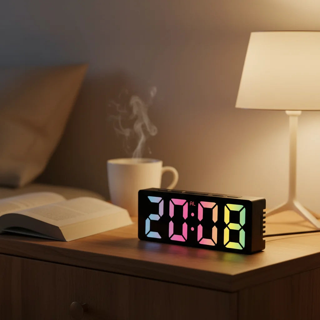 Ψηφιακό Ξυπνητήρι LED με Πολύχρωμη Οθόνη & Πλήκτρα Ρύθμισης – Μοντέρνος Σχεδιασμός για Κρεβατοκάμαρα ή Γραφείο