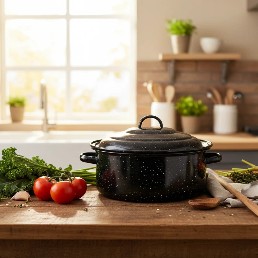 HomeStyle Παραδοσιακή Στρογγυλή Εμαγιέ Γάστρα 27x11cm – Μαύρη (Retro Design) - Worthio #