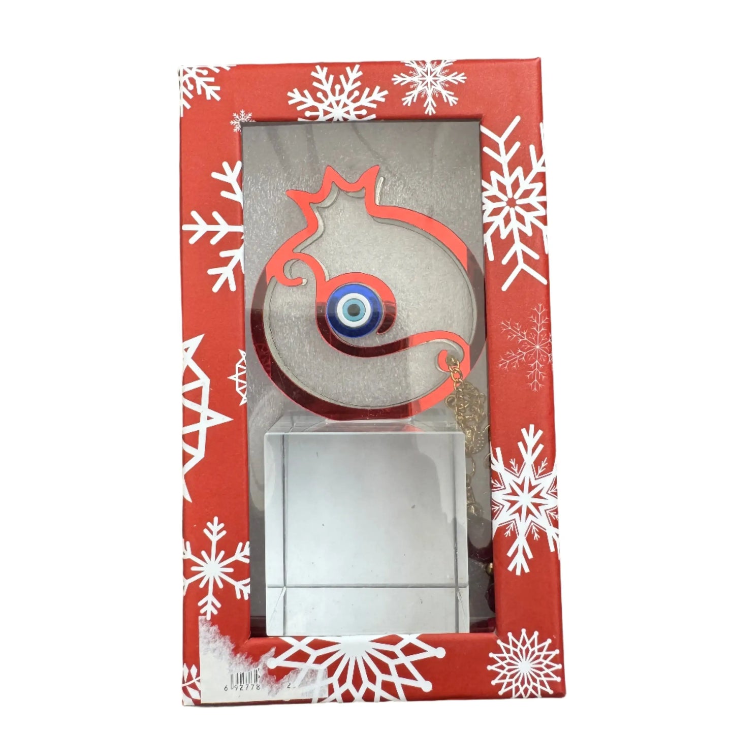 Χριστουγεννιάτικο γουρί με γυάλινη βάση και κουτι “Ρόδι & Μάτι” κοκκινο – Για Μια Χρονιά με Αφθονία και Προστασία