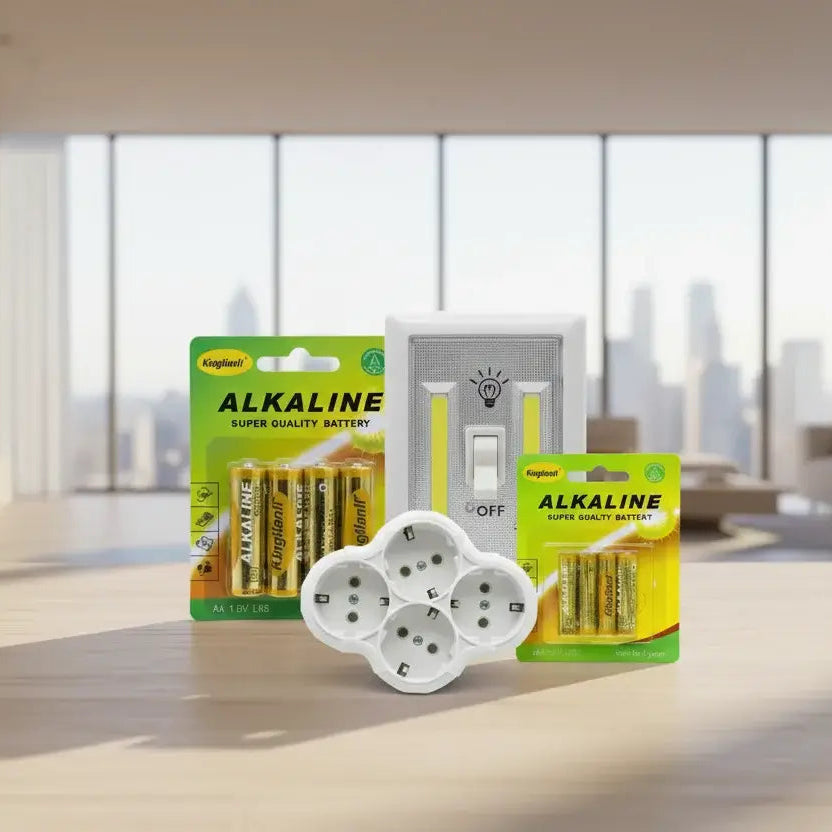 Power & Light Essentials Bundle: Πολύπριζο 4 Θέσεων, Μπαταρίες & LED Διακόπτης (4 Τεμάχια) - Worthio #