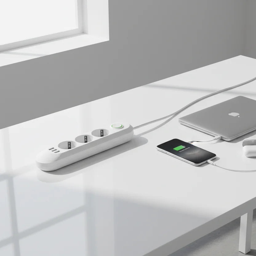 Πολύπριζο με 3 Θέσεις + 3 USB Θύρες - Με Διακόπτη On/Off και 5μετρα καλωδιο Λευκό