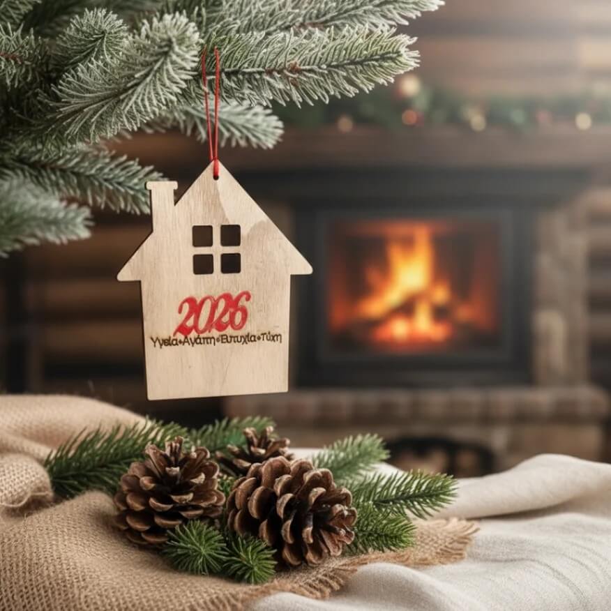Ξύλινο Στολίδι «Σπίτι με Ευχές» – 2026, 8×15 εκ., με κόκκινο κορδόνι και ευχές για τη νέα χρονιά