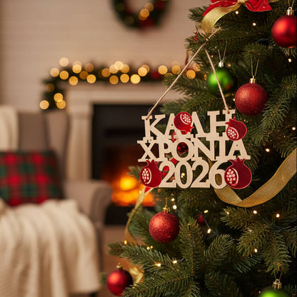 Ξύλινο Χριστουγεννιάτικο Στολίδι "Καλή Χρονιά 2026" με Ρόδια