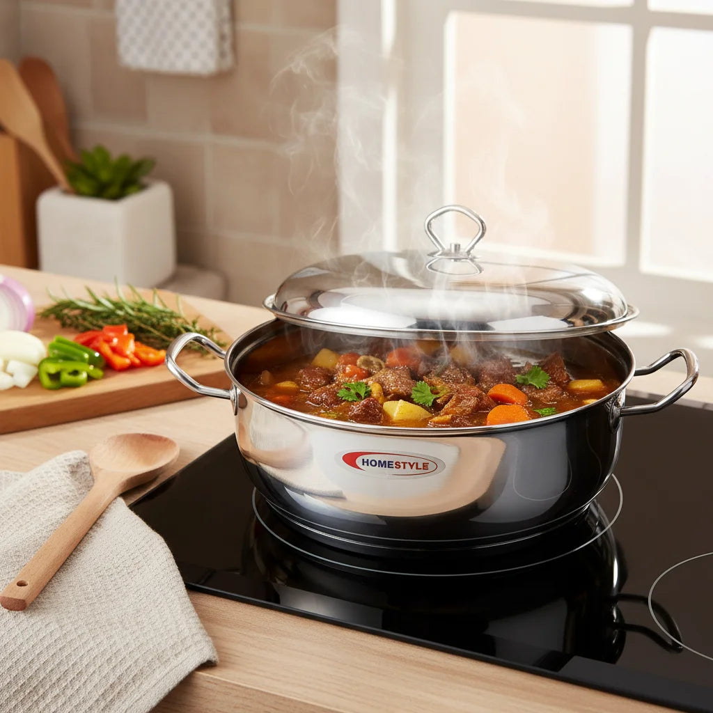 Ημιχύτρα Inox 304 Home Style No28 (6L) – Πλακέ Κατσαρόλα για Όλες τις Εστίες & Φούρνο