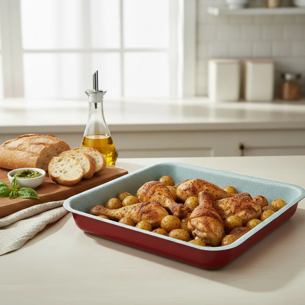 Ταψί Πέτρινο (Marble) Κεραμικό Ορθογώνιο Νο 30 – Κόκκινο, Αντικολλητικό & Ανθεκτικό