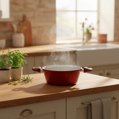 Βαθιά Κεραμική Κοκκινη Κατσαρόλα Marble με Γυάλινο Καπάκι