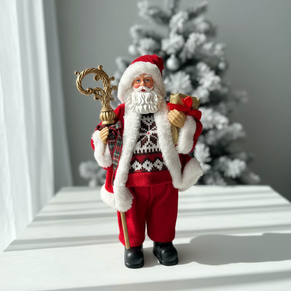 Χριστουγεννιάτικη Φιγούρα Άγιου Βασίλη με Χρυσό Ραβδί & Δώρο – 35 εκ.