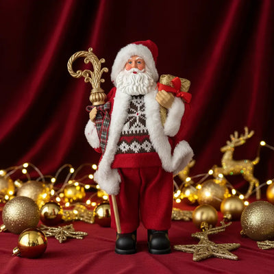 Χριστουγεννιάτικη Φιγούρα Άγιου Βασίλη με Χρυσό Ραβδί & Δώρο – 35 εκ.