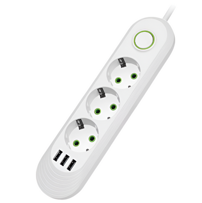 Πολύπριζο με 3 Θέσεις + 3 USB Θύρες - Με Διακόπτη On/Off και 5μετρα καλωδιο Λευκό