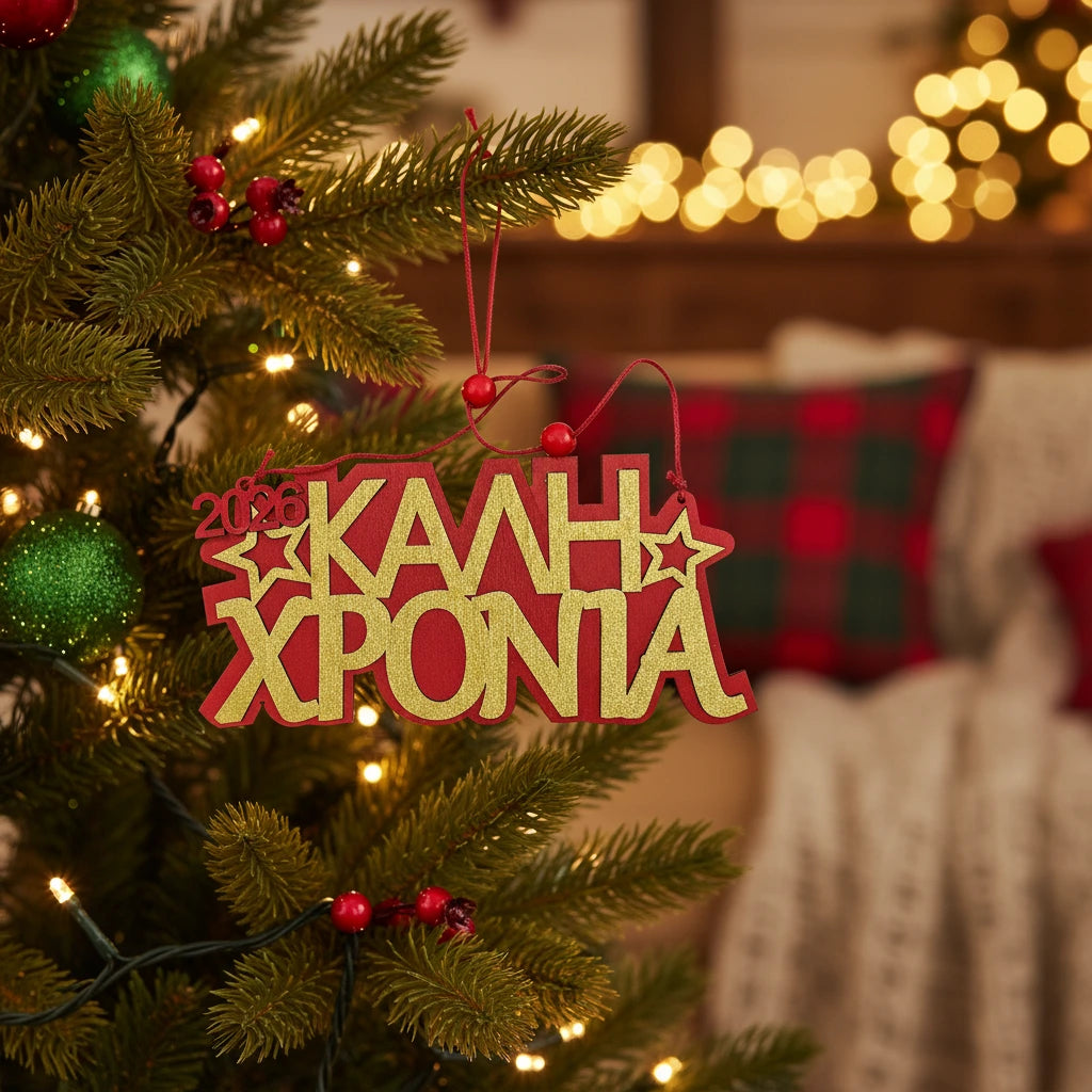 Ξύλινο Στολίδι 2026 «Καλή Χρονιά» – Κρεμαστό, 13×16 εκ., με χρυσές λεπτομέρειες