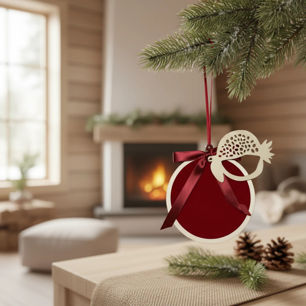 Ξύλινο Χριστουγεννιάτικο Στολίδι Ρόδι σε Κύκλο με Κορδέλα