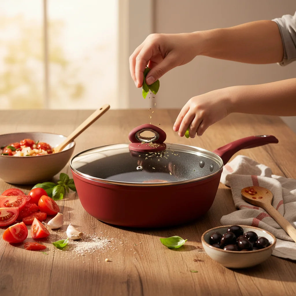 Αντικολλητική Σοτέζα Αλουμινίου HomeStyle Marble 28cm με Επίστρωση Πέτρας & Γυάλινο Καπάκι