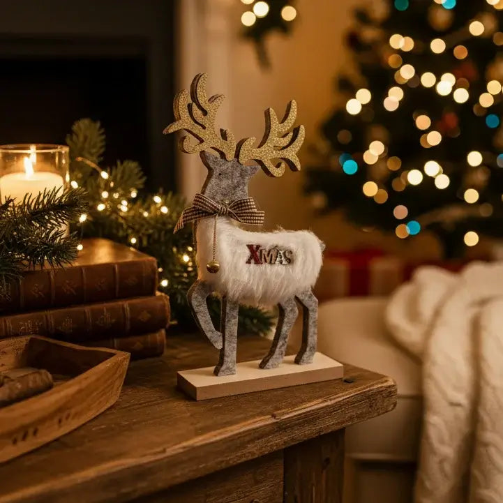 Φωτιζόμενο Χριστουγεννιάτικος Τάρανδος "XMAS" με Χρυσά Κέρατα και Κουδουνάκι – Γιορτινή Διακόσμηση