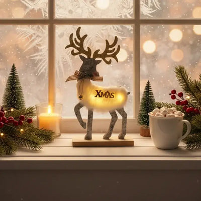 Φωτιζόμενο Χριστουγεννιάτικος Τάρανδος "XMAS" με Χρυσά Κέρατα και Κουδουνάκι – Γιορτινή Διακόσμηση