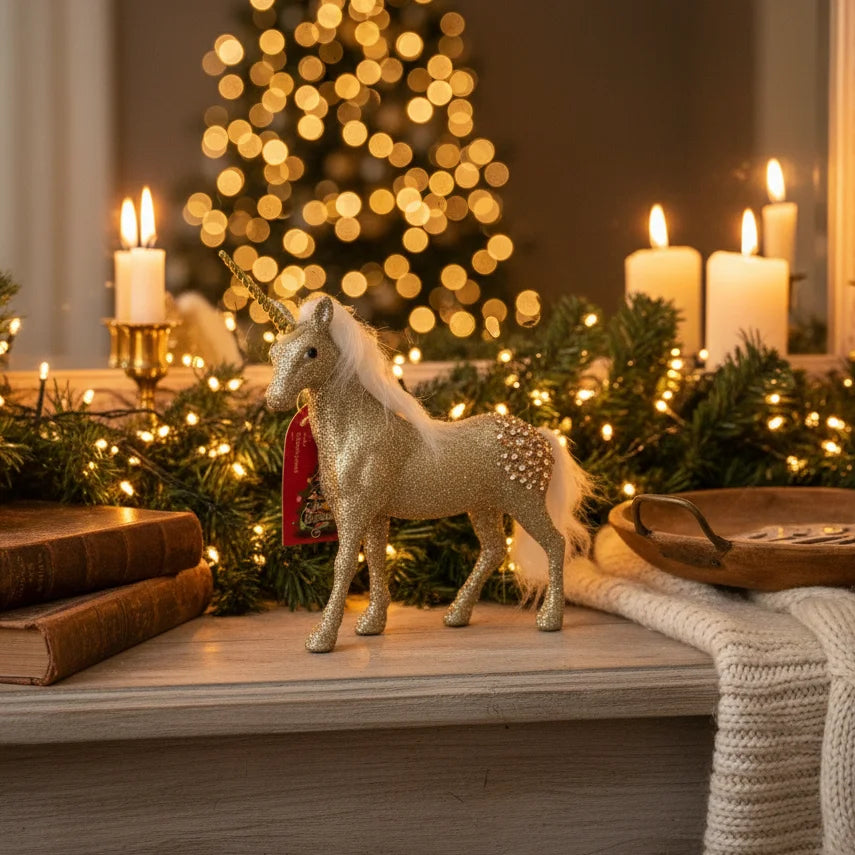 Χρυσός Μονόκερος με Glitter και Πέρλες – Γιορτινό Διακοσμητικό για Χριστουγεννιάτικη Ατμόσφαιρα