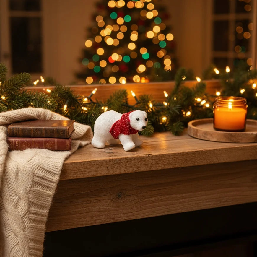 Γιορτινή Πολική Αρκούδα με Κόκκινο Φουλάρι – Χριστουγεννιάτικο Διακοσμητικό με Glitter