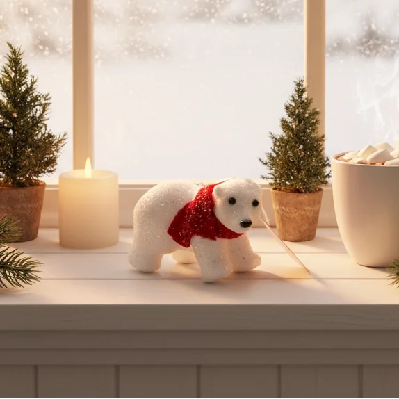 Γιορτινή Πολική Αρκούδα με Κόκκινο Φουλάρι – Χριστουγεννιάτικο Διακοσμητικό με Glitter