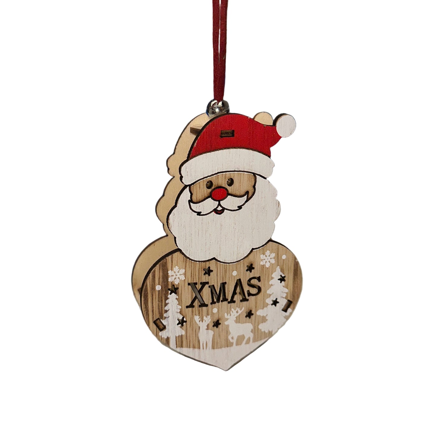 Ξύλινο Στολίδι Άγιος Βασίλης με Καρδιά & Λέξη "XMAS" – Γιορτινή Διακόσμηση για Δέντρο