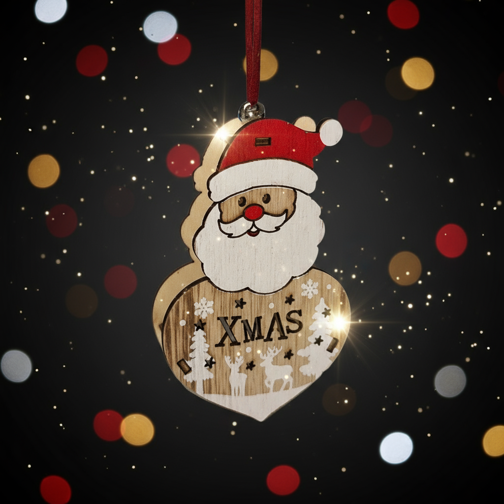 Ξύλινο Στολίδι Άγιος Βασίλης με Καρδιά & Λέξη "XMAS" – Γιορτινή Διακόσμηση για Δέντρο
