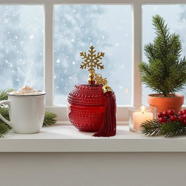 Γούρι 2026 με Αρωματικό Κερί – Κόκκινη Σφαίρα με Χρυσή Νιφάδα & Φούντα