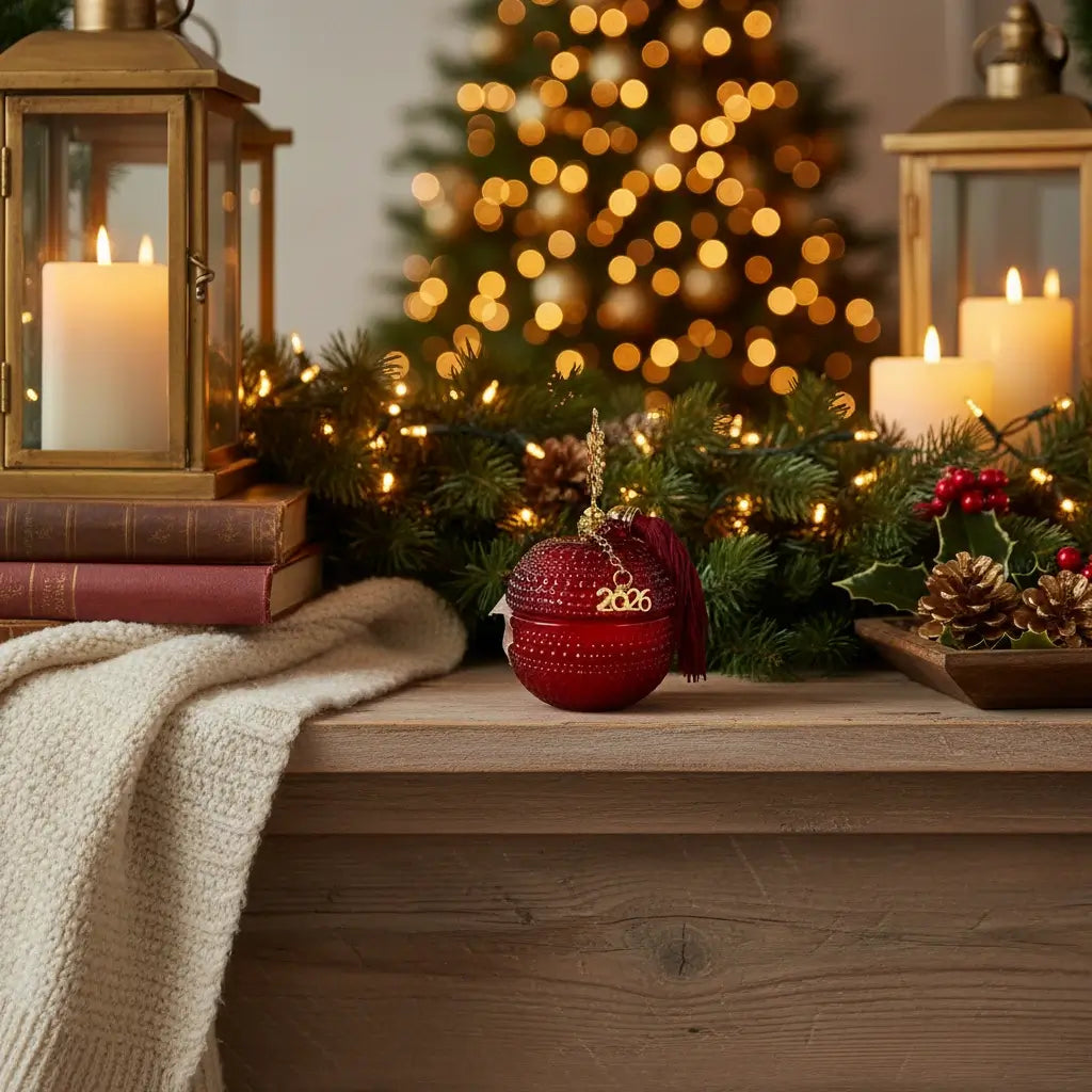 Γούρι 2026 με Αρωματικό Κερί – Κόκκινη Σφαίρα με Χρυσή Νιφάδα & Φούντα