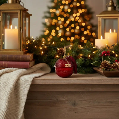 Γούρι 2026 με Αρωματικό Κερί – Κόκκινη Σφαίρα με Χρυσή Νιφάδα & Φούντα