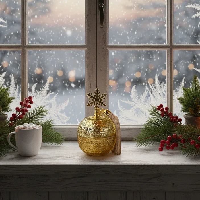 Γούρι 2026 με Αρωματικό Κερί – Χρυσή Σφαίρα με Νιφάδα & Φούντα σε Συλλεκτική Συσκευασία