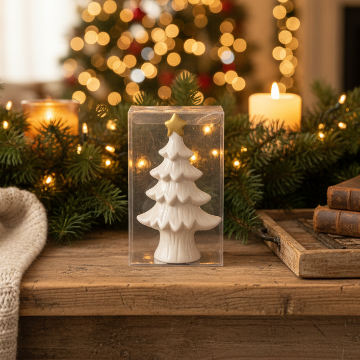 Λευκό Κεραμικό Χριστουγεννιάτικο Δεντράκι με Χρυσό Αστέρι 15cm – Minimal Γιορτινή Διακόσμηση