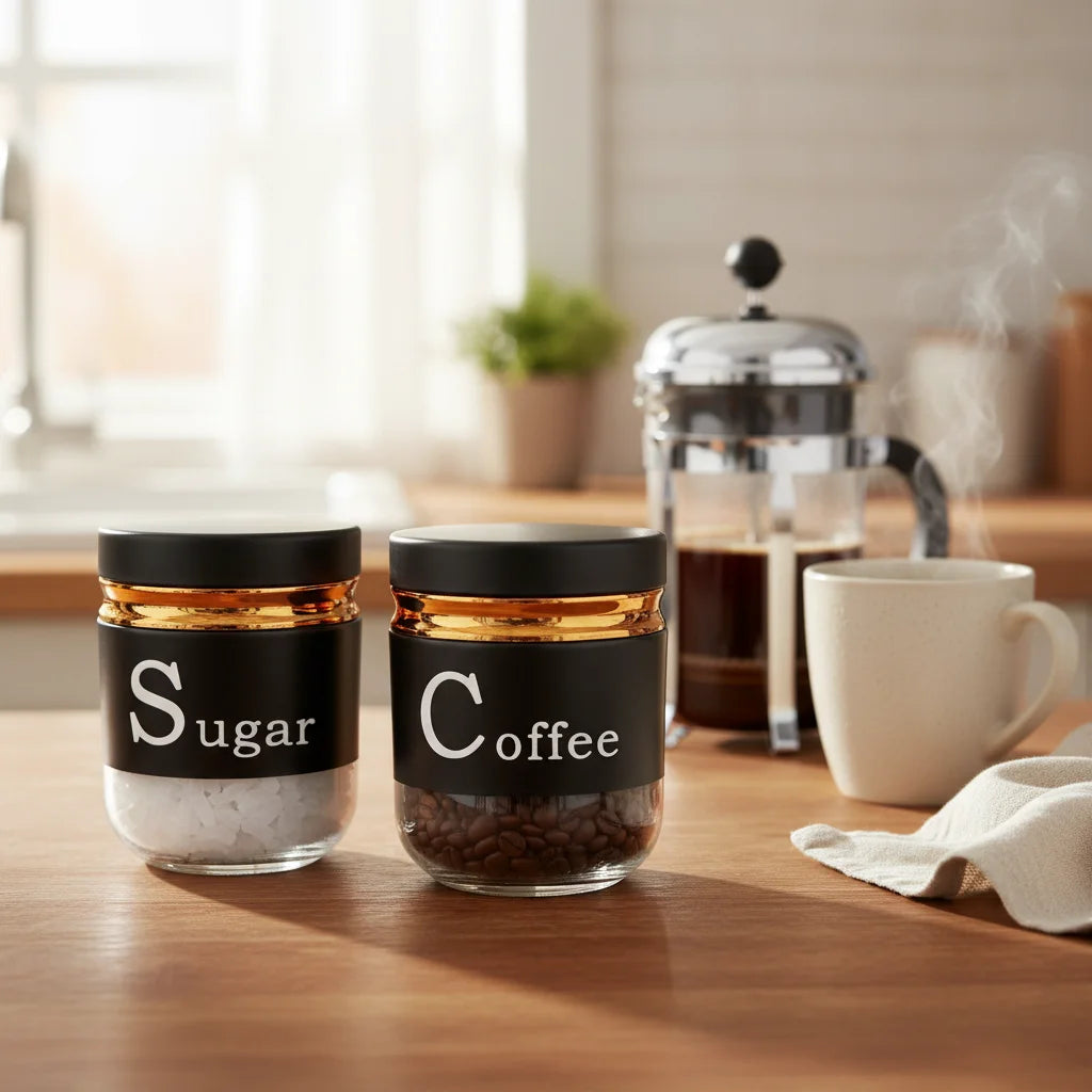 Σετ 2 Γυάλινα Δοχεία Αποθήκευσης "Coffee & Sugar" με Αεροστεγές Καπάκι – Μοντέρνο Design
