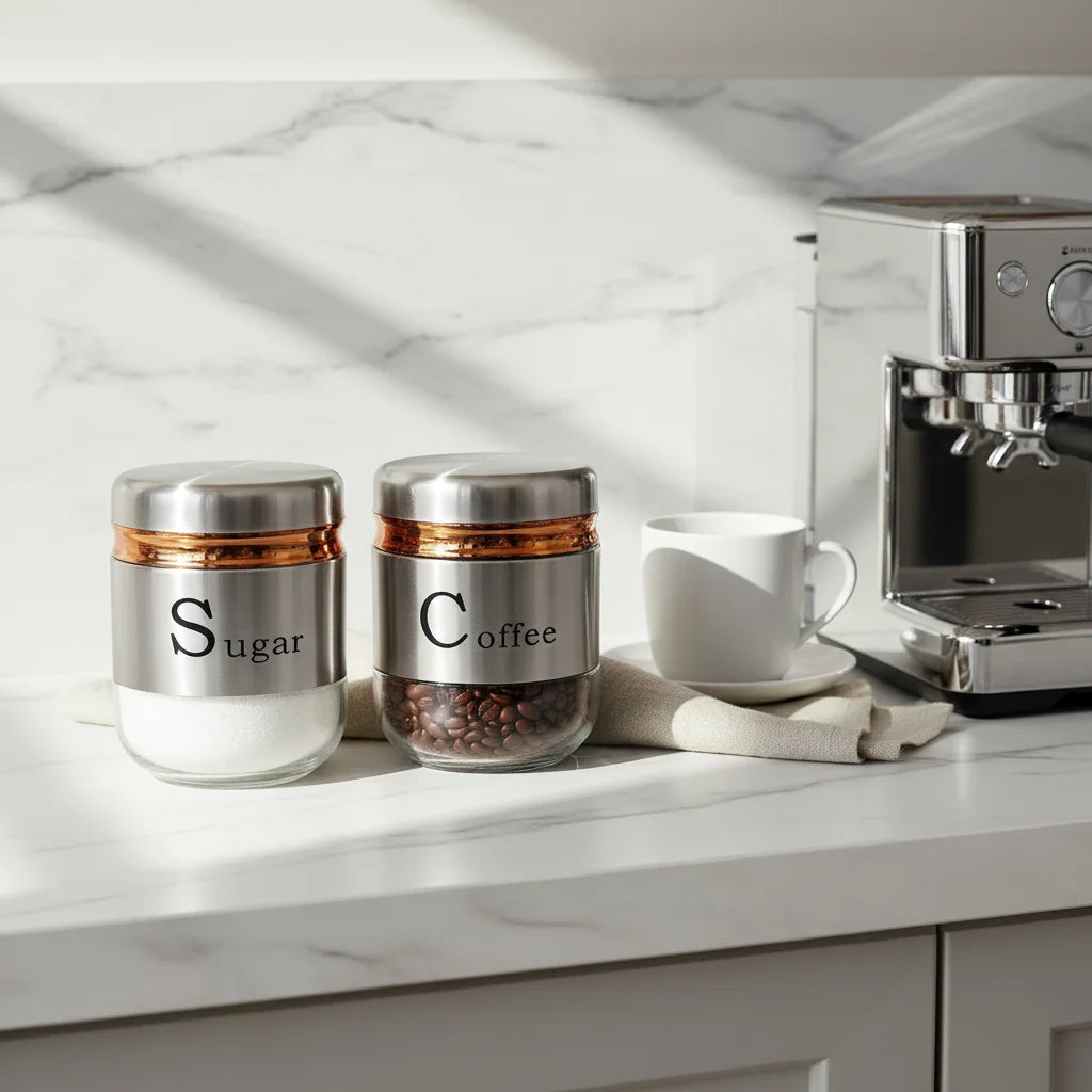 Σετ 2 Γυάλινα Δοχεία Αποθήκευσης "Coffee & Sugar" με Αεροστεγές Καπάκι – Μοντέρνο Design