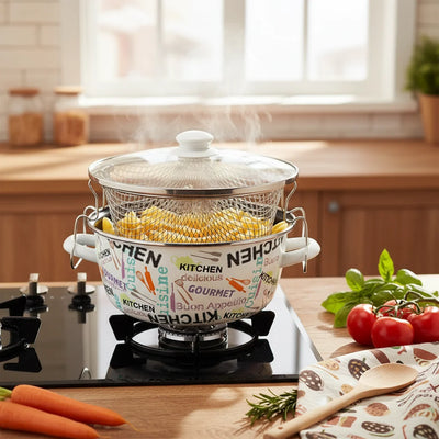 Κατσαρόλα – Φριτέζα Εμαγιέ 24cm "Home Style" με Καλάθι & Γυάλινο Καπάκι – Λευκή - Εναλλακτική Όψη