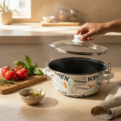 Κατσαρόλα – Φριτέζα Εμαγιέ 24cm "Home Style" με Καλάθι & Γυάλινο Καπάκι – Λευκή