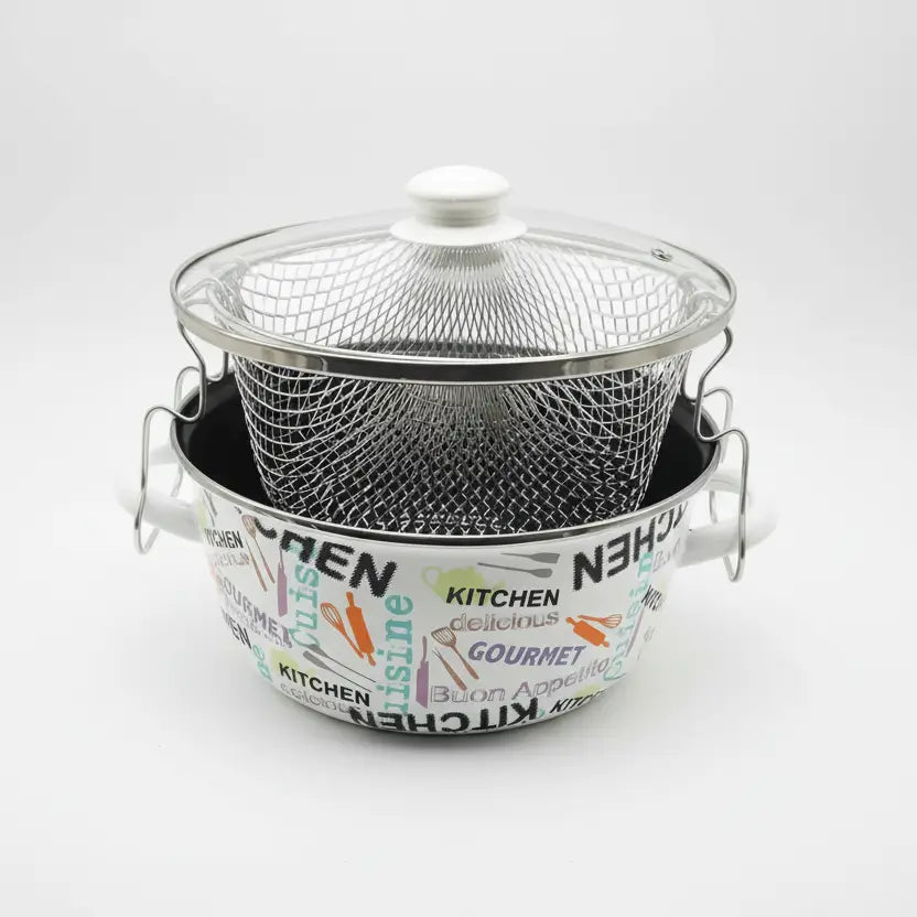 Κατσαρόλα – Φριτέζα Εμαγιέ 24cm "Home Style" με Καλάθι & Γυάλινο Καπάκι – Λευκή