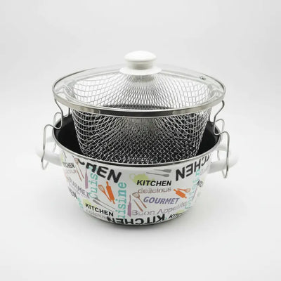 Κατσαρόλα – Φριτέζα Εμαγιέ 24cm "Home Style" με Καλάθι & Γυάλινο Καπάκι – Λευκή