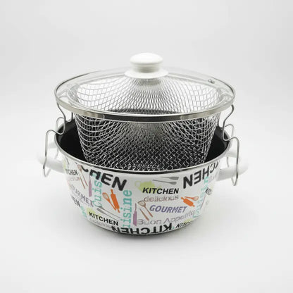 Κατσαρόλα – Φριτέζα Εμαγιέ 24cm "Home Style" με Καλάθι & Γυάλινο Καπάκι – Λευκή