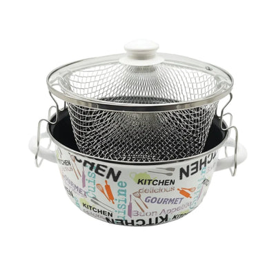 Κατσαρόλα – Φριτέζα Εμαγιέ 24cm "Home Style" με Καλάθι & Γυάλινο Καπάκι – Λευκή