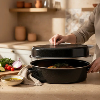 HomeStyle Οβάλ Γάστρα Εμαγιέ με Ραβδωτό Καπάκι και Σχάρα Φούρνου - Εναλλακτική Όψη