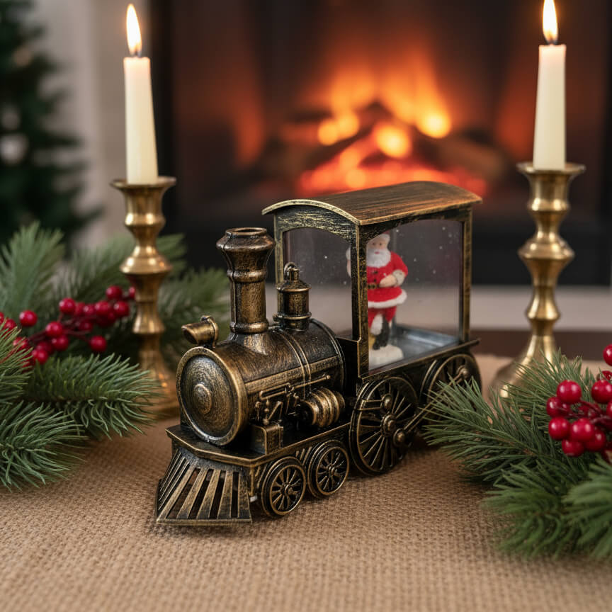 Χριστουγεννιάτικο Τρενάκι με Χιονόθολη & Άγιο Βασίλη – Vintage Bronze