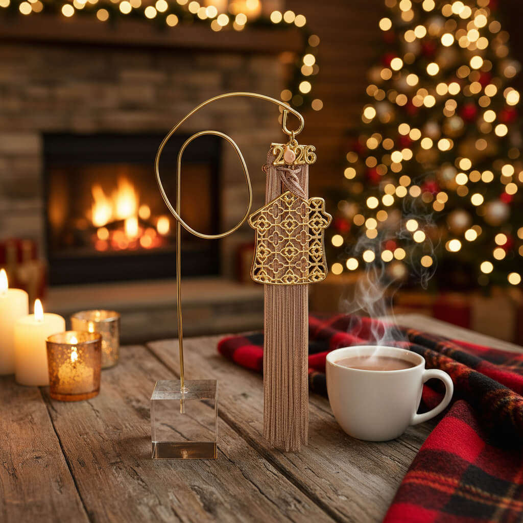 Επιτραπέζιο Διακοσμητικό χρυσο Σπίτι 2026 – Με μπεζ φούντες και βάση