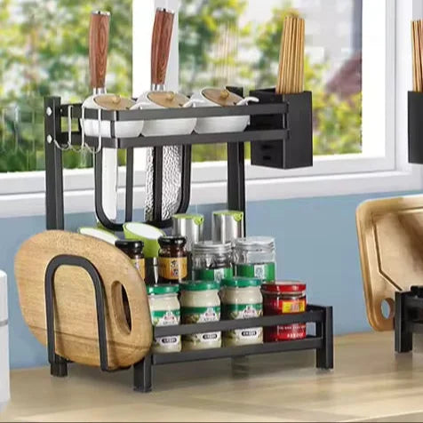Διώροφη Μεταλλική Ραφιέρα Κουζίνας με Θήκες για Μαχαίρια, Μπαχαρικά & Σκεύη – Οργάνωση & Στυλ σε Κάθε Πάγκο