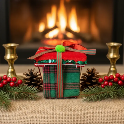 Χριστουγεννιάτικο Κουτί-Στολίδι με Καρό Ύφασμα & Πον Πον