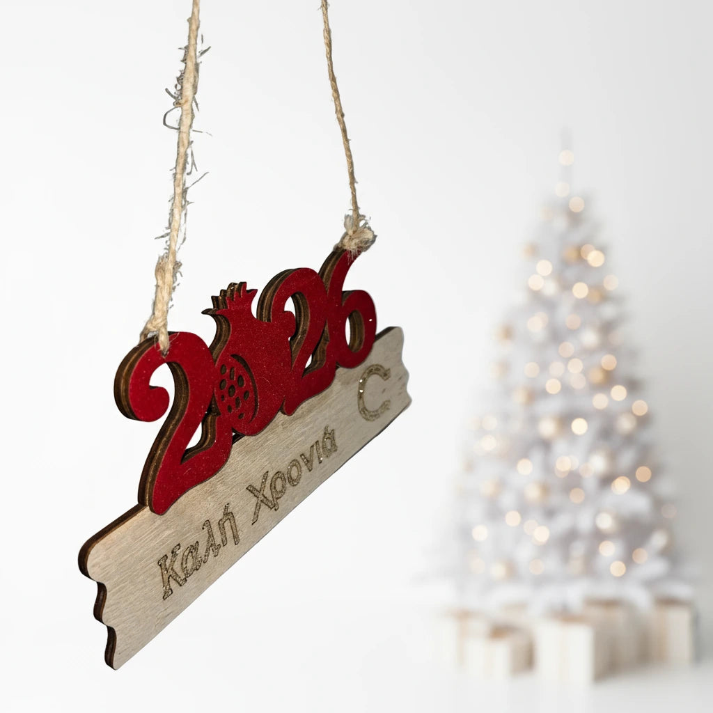 Ξύλινο Κρεμαστό Βελουδινο Χριστουγεννιάτικο Στολίδι "Καλή Χρονιά" με Ρόδι