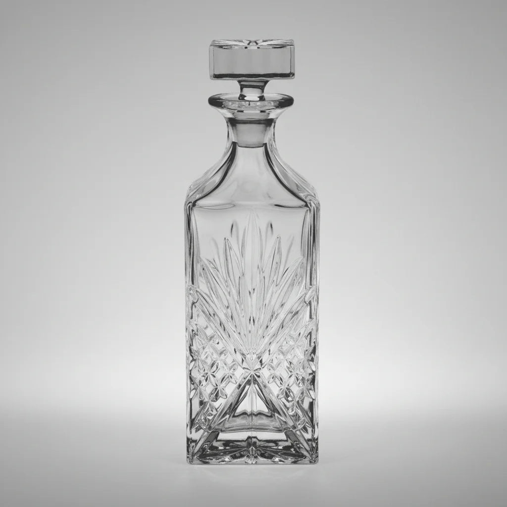 Γυάλινη Καράφα Ουίσκι & Ποτού "Home Style" 850ml – Τετράγωνη με Ανάγλυφο Σχέδιο & Αεροστεγές Πώμα