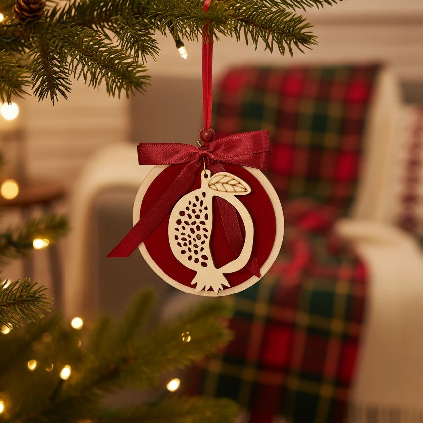 Ξύλινο Χριστουγεννιάτικο Στολίδι Ρόδι σε Κύκλο με Κορδέλα
