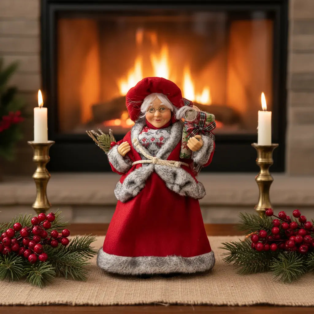 Χριστουγεννιάτικη Φιγούρα Mrs. Claus με Δώρο & Κλαδάκια 35εκ