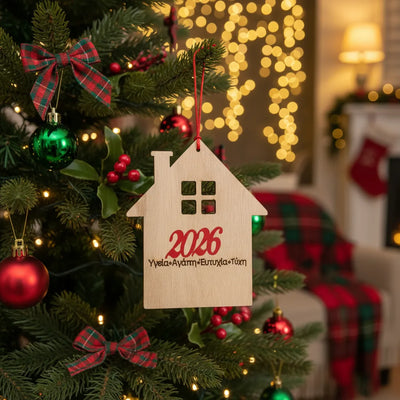 Ξύλινο Στολίδι «Σπίτι με Ευχές» – 2026, 8×15 εκ., με κόκκινο κορδόνι και ευχές για τη νέα χρονιά