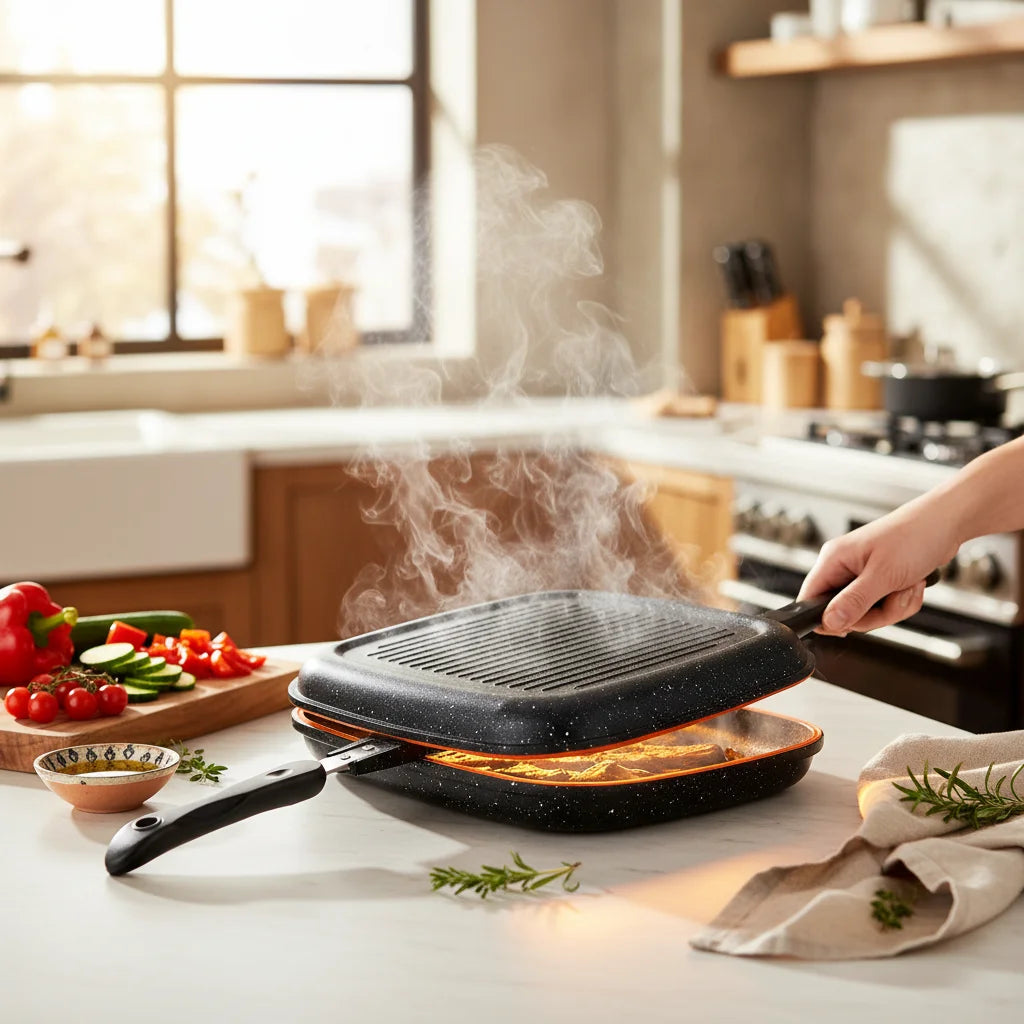Διπλή Ψηστιέρα-Τηγάνι DAISINI Marble 32cm Με Ανταλλακτικό Λάστιχο - Worthio 