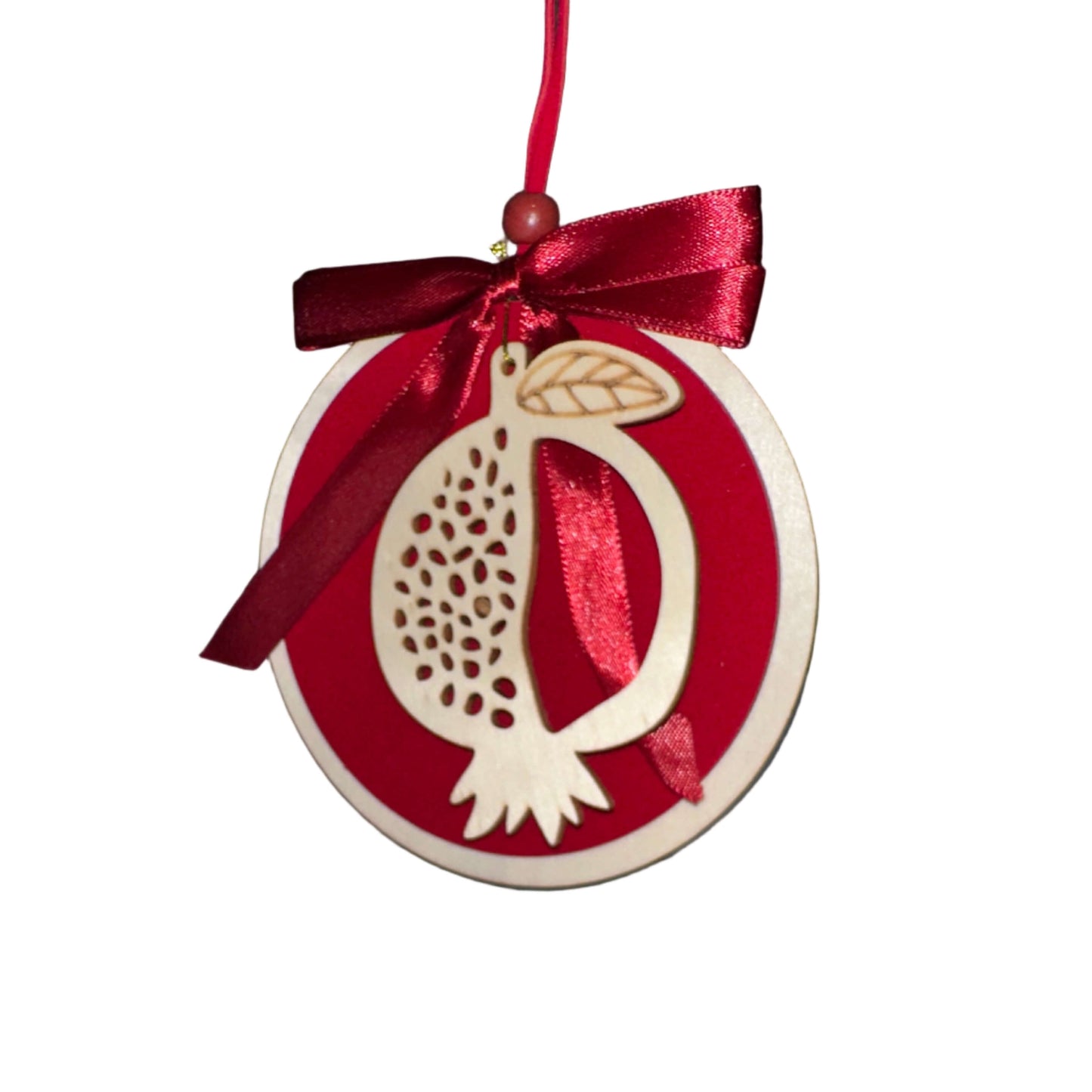 Ξύλινο Χριστουγεννιάτικο Στολίδι Ρόδι σε Κύκλο με Κορδέλα