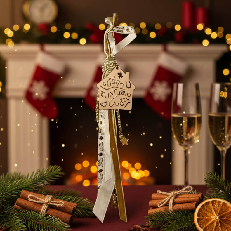 Χριστουγεννιάτικο Γούρι "Ευτυχισμένο Σπίτι" - Ξύλινο Σπιτάκι με Χρυσές Λεπτομέρειες | Worthio