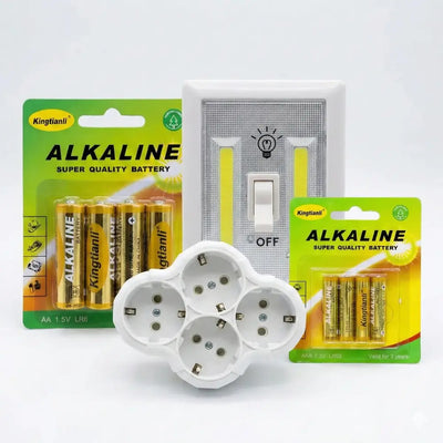 Power & Light Essentials Bundle: Πολύπριζο 4 Θέσεων, Μπαταρίες & LED Διακόπτης (4 Τεμάχια)